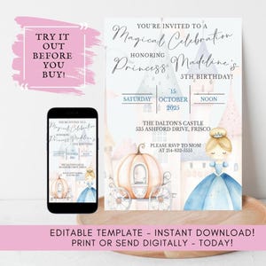 Princess Birthday Invitation: Cinderella Castle Party (Printable Template, Instant Download)
