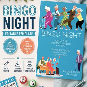 May include: A blue Bingo Night flyer with illustrations of elderly people and bingo balls. The flyer includes event details, such as the date, time, and location. Additional elements include bingo cards and icons for instant download and editing.