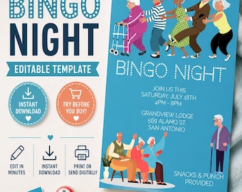 Zaproszenie na wieczór bingo Edytowalny szablon Zaproszenie na imprezę dla seniorów i społeczność emerytów