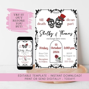 Convite de casamento do Dia dos Mortos Convite gótico personalizado Download digital Compartilhamento instantâneo Telefone Modelo personalizado para impressão Caveiras