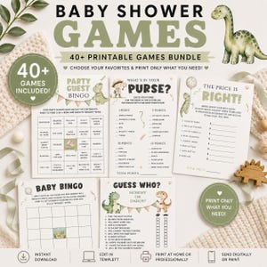 May include: A set of printable baby shower games with a dinosaur theme, including bingo and "What's in Your Purse?" games. The design features green and white colours. Includes "Instant Download" and "Print Only What You Need!" text. Games are for printing at home.