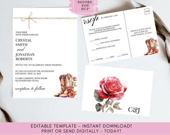 Rustic Wedding Invitation & RSVP: Country Boots, Roses (Digital Download)