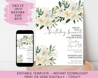 Floral Brunch Invitation Template: Elegant Garden Party Card (Digital Download)