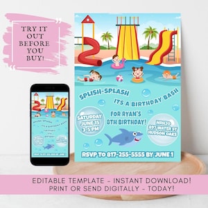 Pool Party Birthday Invitation: Water Slide, Shark, Splish Splash (Digital Download, Editable Template)