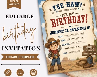 Plantilla de invitación de cumpleaños de pequeño vaquero, fiesta del salvaje oeste, invitación de rodeo imprimible y editable, celebración infantil del oeste