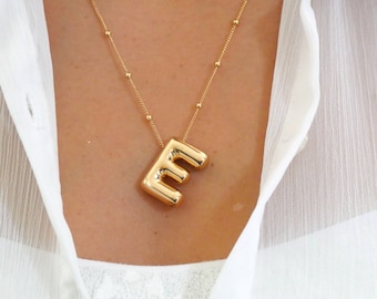 Gold Balloon Initial Necklace , Bubble Letter Pendant, Delicate Beaded Necklace, Custom Jewelry, Birthday Gift