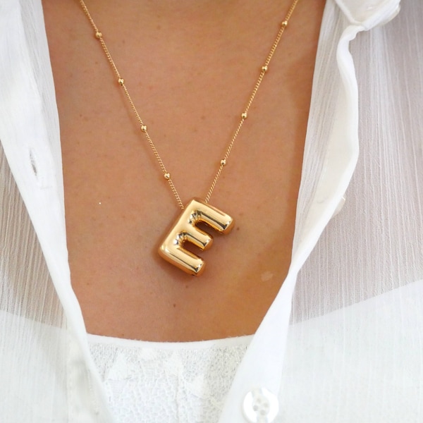 Gold Balloon Initial Necklace , Bubble Letter Pendant, Delicate Beaded Necklace, Custom Jewelry, Birthday Gift