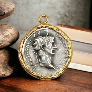 Greek Coin Pendant Gold Frame Bezel, Goddess Artemis Coin, Medallion Charm, Ancient Greek Coin, Shiny Gold, Antique Silver Plated