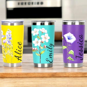 Personalized Birth Flower 20oz Tumbler – Custom Engraved Stainless Steel Travel Mug with Straw, Bridesmaid & Groomsman Gift