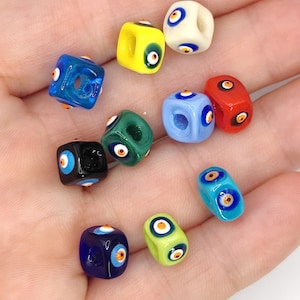 Glass Evil Eye Beads Square, Protective Turkish Nazar Amulet Talisman, Good Luck, Necklace Bead, 10mm,