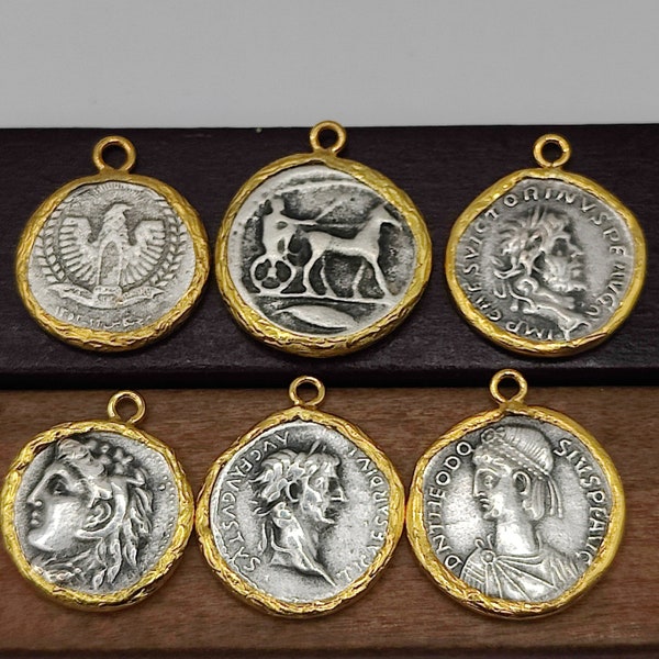 Pendentif découvertes de pièces de monnaie antiques, breloque pièce de monnaie romaine, découvertes de boucles d'oreilles pendentifs découvertes de breloques médaillons grecs anciens CN7000-06