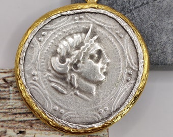 Large Greek Coin Pendant, Goddess Artemis, Shiny Gold & Antique Silver