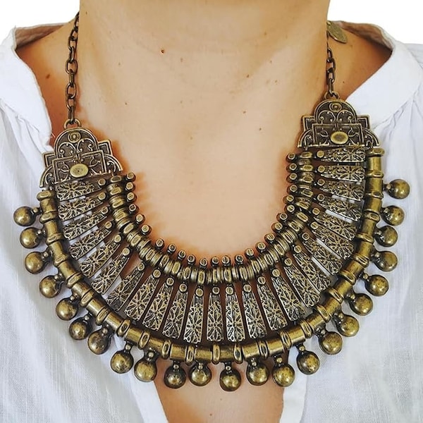 Bohemian Jewelry Statement Necklace for Women, Ethnic Gypsy Necklace Antique Bronze Bib Festival Halloween Carnival Jewelry Fitout Costume