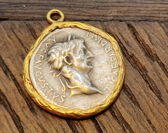 Coin Pendant Ancient Greek Roman,Goddess Artemis Coin, Medallion Charm, Ancient Greek Coin, Shiny Gold, Antique Silver Plated CN70003