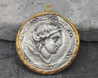 Goddess Artemis Coin Pendant, 18k Gold Bezel, Ancient Greek Medallion Charm