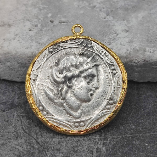 Greek Medallion Charm Findings, Coin Findings Pendant , Flower Coin, Ancient Coin Charm, Pendant Earing Findings Ancient  CN70018