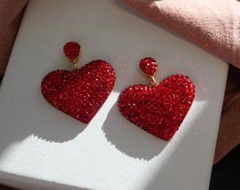 Heart Earrings, Drop Dangle Heart Earrings, Minimalist Earrings, Dainty Earrings, Red Heart Earrings, Gift For Her, 925 Silver Earring