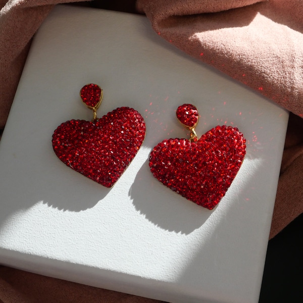 Heart Earrings, Drop Dangle Heart Earrings, Minimalist Earrings, Dainty Earrings, Red Heart Earrings, Gift For Her, 925 Silver Earring