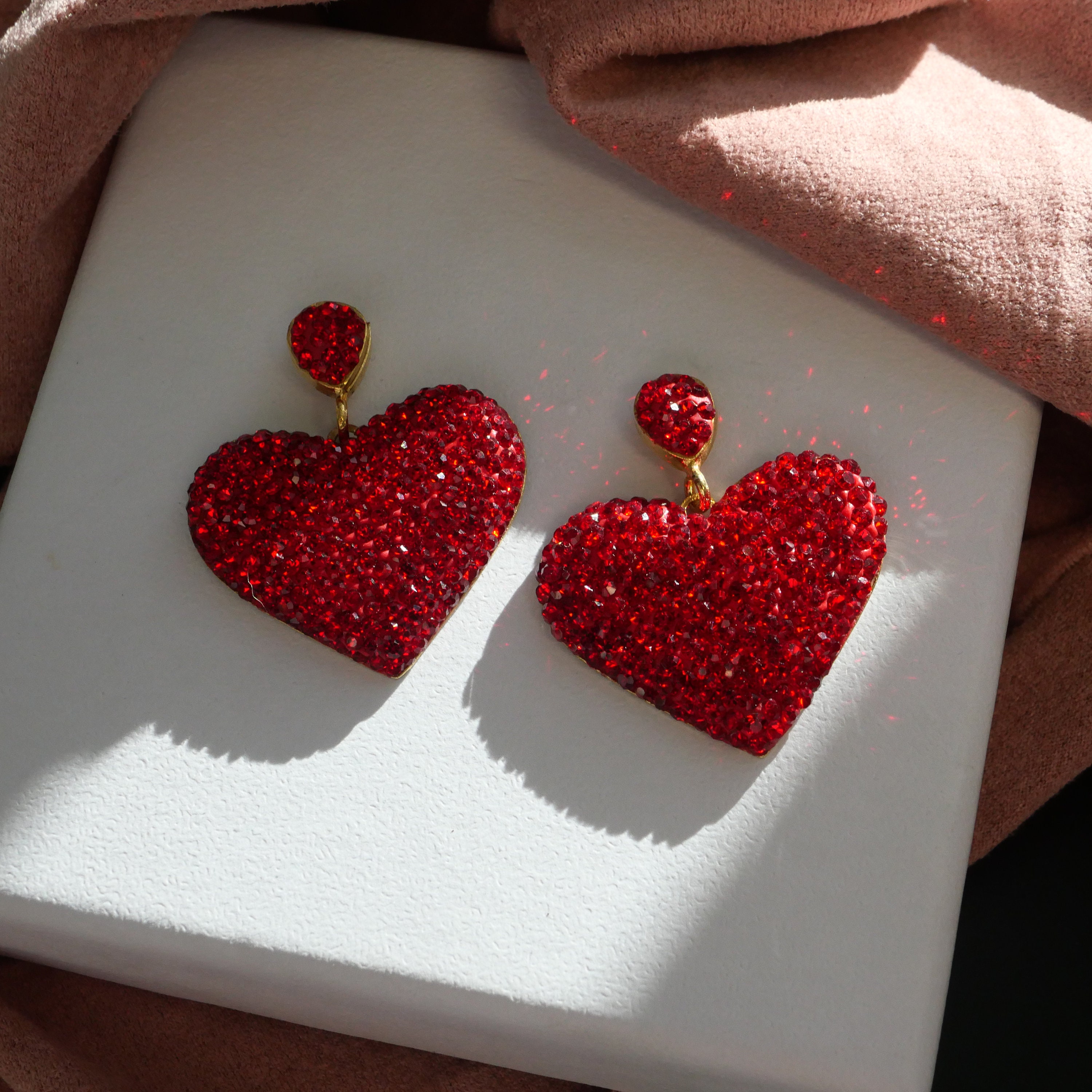 Red Heart & Crystal Chandelier Earrings for Valentines Day