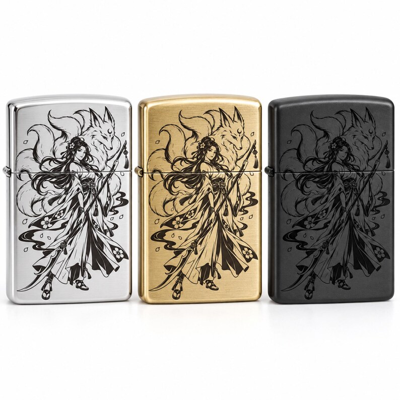 Engraved Robe Engraved Zippo Lighter Moonveil Fox Naginata Priestess , Japanese ...