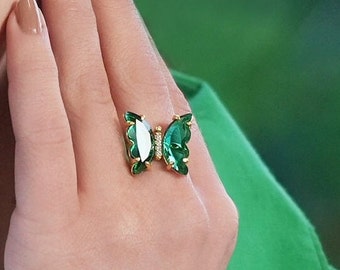 Floral Rings Green Jade Butterfly Ring Butterfly Ring, Green, Gold