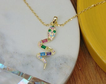 Multicolor Snake Pendant, Colorful Snake Necklace, Rainbow Crystal Serpent Pendant, Ruby Sapphire Amethys Aquamarine Stone Pendant, Mom Gift