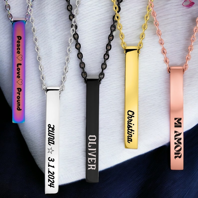 Personalized 3D Vertical Bar Pendant 4 Side Engraved theserro in Silver Gold Rose Gold Unique Gift for Her Mom Grand image 1