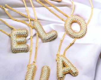 3D Gold Letter Necklace Balloon Letter Necklace, Bubble Pave Initial Pendant, Pave Personalized Bubble Necklace