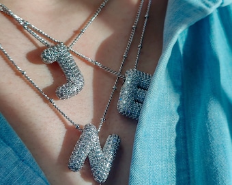 Pave Bubble Pendant Diamond Initial Necklace High End 5A CZ Handmade 18K Gold or High-End Silver Plating