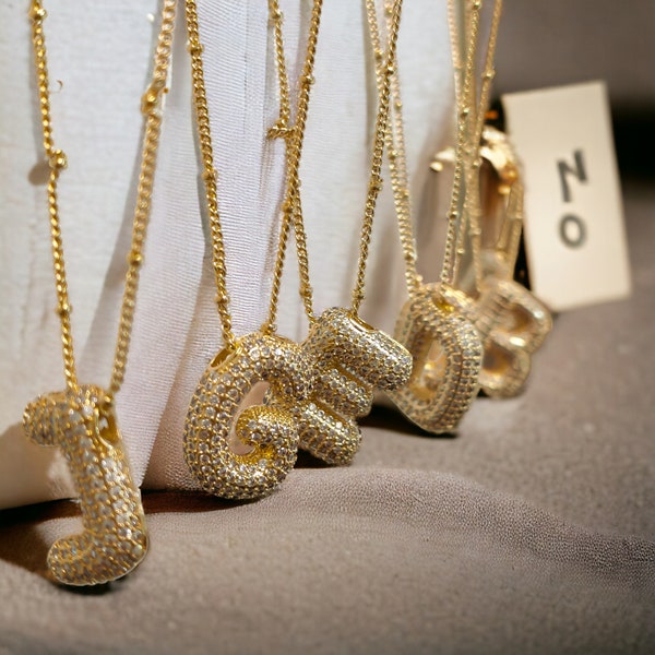 Pave Initial Pendant, 18K Gold Beaded Necklace, Personalized CZ Bubble Letter