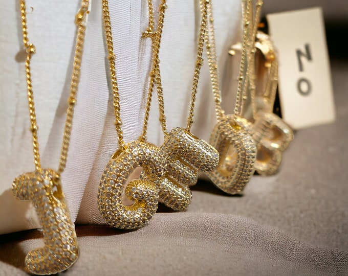 Pave Initial Pendant, 18K Gold Beaded Necklace, Personalized CZ Bubble Letter