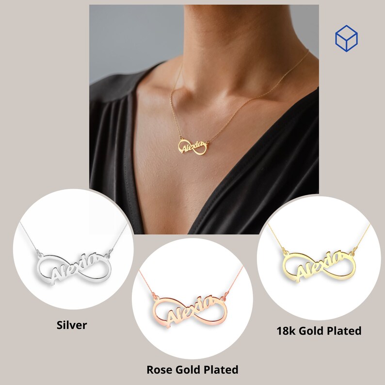 May include: A silver, rose gold plated, and 18k gold plated infinity necklace with the name "Alexa" inscribed on it. The necklace is shown on a model wearing a black shirt.