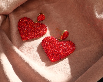Red Heart Earrings, Drop Dangle Minimalist Earrings, Dainty Earrings, Heart Earrings, Gift For Her, Earring