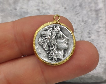 Goddess Artemis Coin Pendant, Gold & Antique Silver, 35mm