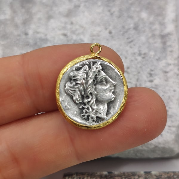 Ancient Coin Findings Pendant , Roman Coin Charm, Pendant Earing Findings Ancient Greek Medallion Charm Findings CN70008