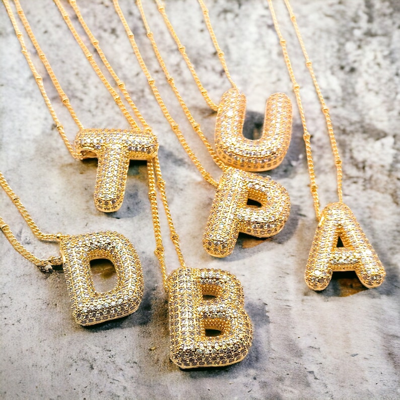 Balloon Letter Necklace, Bubble Pave Initial Pendant, 3D Gold Letter Necklace, Pave Personalized Bubble Necklace image 3