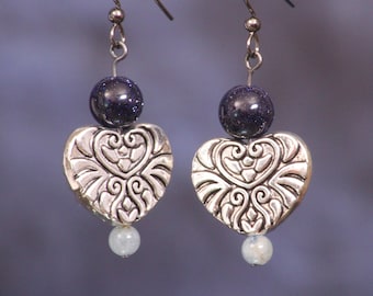 Aquamarine, Blue Sandstone and Pewter Heart Earrings