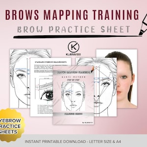 Puede incluir: Un fondo rosa con el texto "BROWS MAPPING TRAINING" y "BROW PRACTICE SHEET". La imagen incluye varias hojas de práctica con diagramas de rostros y técnicas de mapeo de cejas. También se ven las palabras "EYEBROW PRACTICE SHEETS".
