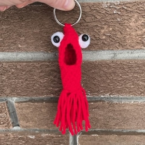 May include: A red felt keychain with googly eyes and a long tassel. The keychain is shaped like a worm or a squid.