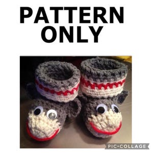 May include: A crochet pattern for a pair of monkey slippers. The slippers are gray, white, and red with googly eyes.