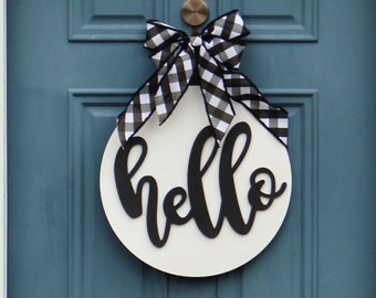 Hello Farmhouse Sign in Black and White Wreath Obsessed