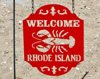 Welcome Rhode Island Lobster Metal Sign , Lobster Garden Flag, RI Beach House Decor , Lobster Door Hanger- Door Sign - Door Decor