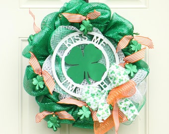 St. Patrick's Wreath with Kiss me I'm Irish Lucky Clover Shamrock Sign