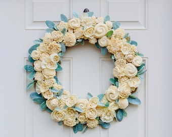 White Wood Flowers Farmhouse Floral Wreath , Large Cream Floral Wreath ,