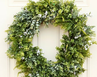 Eucalyptus Farmhouse Wreath , Boxwood Cottage Garden Greenery Wreath , Outdoor Year Round Wreath