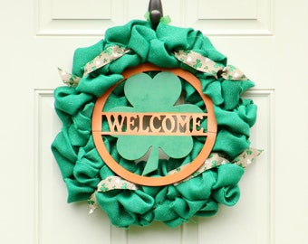 Shamrock Wreath ,St Patrick's Decor, St. Patrick's Wreath , Welcome Wreath , Burlap Wreath, Irish Wreath