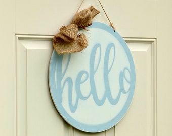 Modern Farmhouse Hello Sign- Blue & White Wood Door Sign - Hand Painted Farmhouse Decor - Wall Decor - Door Decor- Housewarming Gift