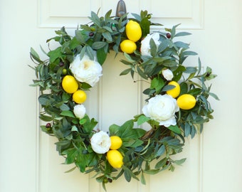 Floral Farmhouse Wreath-Olive Branch, Lemons & Peony