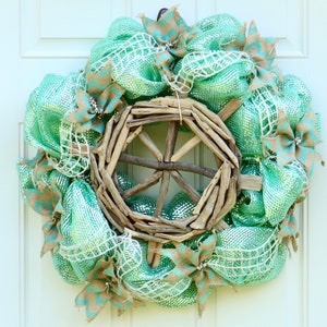 Coastal Driftwood Wreath w/ Driftwood Captains Wheel , Nautical Summer Wreath , Sea Green Mesh Wreath , Beach House Door Decor