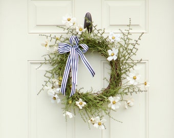 Boho Wild Flower Wreath , White Floral Summer Wreath, Front Door Wreath, Everyday Wreath